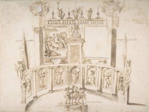 Tervezés kerti ünnepséghez félkör alakú fallal és szobrokkal a fülkékben, kb. 1635-79.