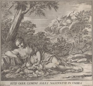 Latona és alvó ikrei, Apolló és Diana, egy tájban, 1705. alkotó: Francesco Antonio Meloni
