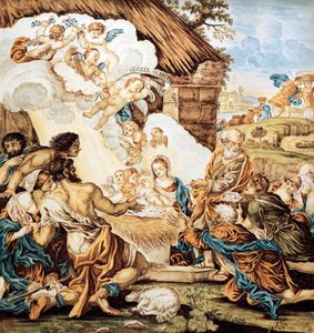 Kiságy, festett majolika tányér, Francesco Antonio Xaverio Grue (1686-1746), Abruzzo Castelli gyártó, Olaszország alkotó: Francesco Antonio Xaverio Grue