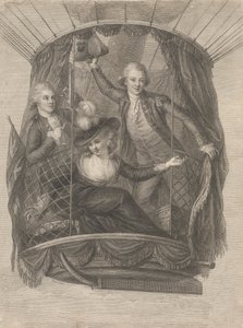 Madame Sage, Chevalier Biggin és Vincent Lunardi kapitány mennybemenetele léggömbben, 1785. június 20. alkotó: Francesco Bartolozzi