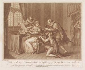 Northumberland és Suffolk hercegei felkérik Lady Jane Grayt, hogy fogadja el a koronát Northumberland és Suffolk hercegei imádkoznak Lady Jane Gray-hez, hogy fogadja el a koronát (cím a tárgyon) alkotó: Francesco Bartolozzi
