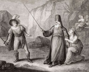 Prospero lefegyverzi Ferdinándot. Shakespeare. A vihar (metszet) alkotó: Francesco Bartolozzi