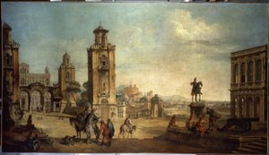 ""Utcai jelenet egy városban, a nagy tér műemlékekkel"" (Város kilátás) Francesco Battaglioli festménye (ec. venit.) (1722-1790) 18. századi Ermitázs Múzeum, Szentpétervár
