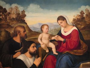 A Szent Család egy adományozóval egy tájban alkotó: Francesco Bissolo