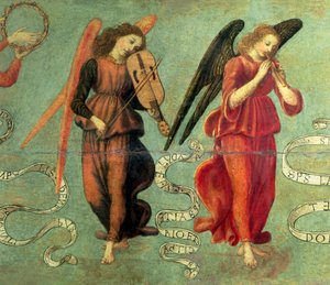 Hegedűn és pipán játszó angyalok, 1475-97 körüli tempera a 64871-es panelrészleten, lásd még: 64872 és 64873