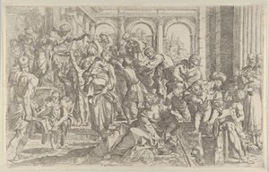 Szent Rókus balra alamizsnát osztott a körülötte összegyűlt embercsoportnak, af..., kb. 1590-1600.