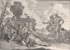 Szatír klubbal és hét figurával, a Bacchanals and Histories-ból, 1744. alkotó: Francesco Fontebasso
