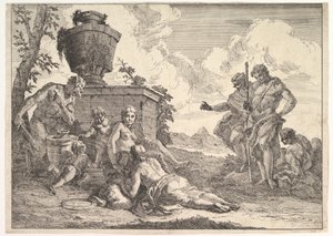 Szatír klubbal és hét figurával, a Bacchanals and Histories-ból, 1744. alkotó: Francesco Fontebasso