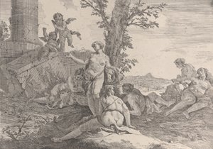 Hat nimfa és két putti, a Bacchanals and Histories-ból, 1744. alkotó: Francesco Fontebasso