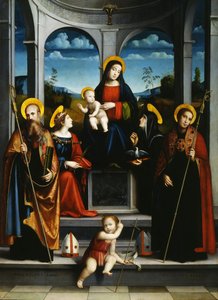 Szűz és gyermek Szent Benedekkel, Jusztinával, Placidusszal és Scholasticával, 1515 körül