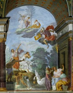 Lawrence de Medici il Magnificent (1449-1492) halálának allegóriája. Jobb oldalon a sorsistenségek, a kabinetek (vagy parkok) ábrázolása: Clotho, Lachesis és Atropos. Francesco Furini freskója (160).