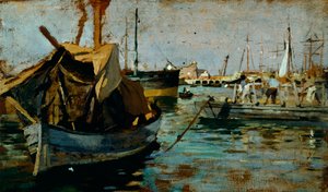 Francesco Gioli (1846-1922) munkája Livorno kikötőjében (Leghorn), olaj, panel, 22x38 cm