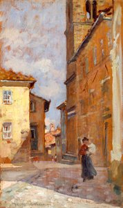 Francesco Gioli (1846-1922) Volterra utcán, olaj, panel, 38x23 cm