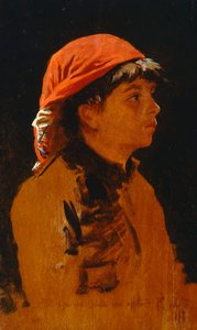 Francesco Gioli (1846-1922) vörös sál, olaj, panel, 28x17 cm