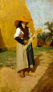 Francesco Gioli (1846-1922) tanulmánya Gleanernek (női terepkezű) olaj, panel, 32x19 cm
