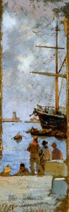 Francesco Gioli (1846-1922) Livorno kikötőjének képe, olaj, vászon, kartonra áthelyezve, 38x12 cm