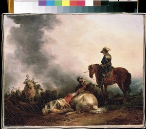 ""A csata után"" (A csata után) A háború allegóriája, egy harcos öl. Francesco Giuseppe Casanova (1727-1802) festménye: Mikhail Kroshitsky Művészeti Múzeum, Szevasztopol (Szevasztopol) Ukrajna