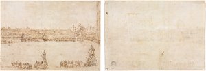 Diadalmas autók menete a velencei Piazza San Marco-n, a Conti del Nord látogatásának ünneplése (recto) Három boltíves vázlat (verso) alkotó: Francesco Guardi