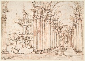 Építészeti capriccio: egy palota boltozatos oszlopcsarnoka alkotó: Francesco Guardi