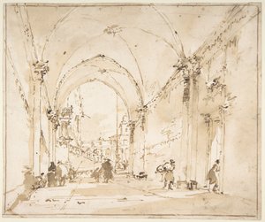 Építészeti capriccio: boltozatos átjáró egy térre alkotó: Francesco Guardi