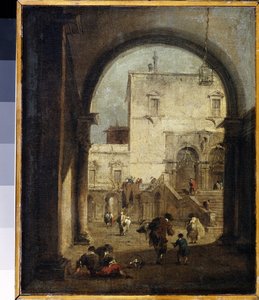Velencei Capriccio: kilátás a térre és egy palotára Francesco Guardi (1712-1793) festménye 1775-1780 V. 27x23 cm Ermitázs Múzeum, Szentpétervár alkotó: Francesco Guardi