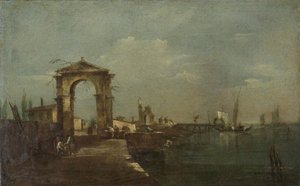 Táj rakparttal és hajókkal a tavon alkotó: Francesco Guardi