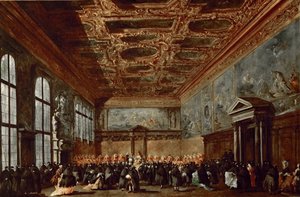 A velencei dózsa közönséget ad a Dózsa-palota Sala del Collegiójában alkotó: Francesco Guardi
