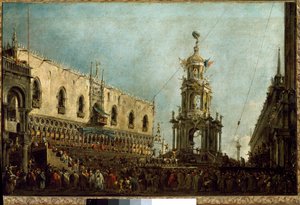 A velencei dózsa részt vesz a húshagyókeddi ünnepségen a Piazzetta di San Marco-n (olaj, vászon alkotó: Francesco Guardi