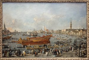 A Bucentaurus (Bucentoro) indulása a velencei Lido felé mennybemenetel napján, a Dózsa részt vesz a mennybemeneteli ünnepségek nagy eseményén, a 14. századi Dalmácia meghódítására emlékező Velence és Adriai esküvőn. alkotó: Francesco Guardi
