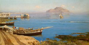 Marina csónakkal és halászokkal, Francesco Lojacono (1838-1915), olaj, vászon, 61x118 cm alkotó: Francesco Lojacono