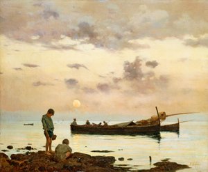 Marina halászhajóval és fiúkkal, Francesco Lojacono (1838-1915), olaj, vászon, 64x77 cm alkotó: Francesco Lojacono