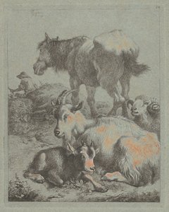 Ló, kos, kecske kölyökkel, a távolban egy pásztor nyájjal, 1759. alkotó: Francesco Londonio