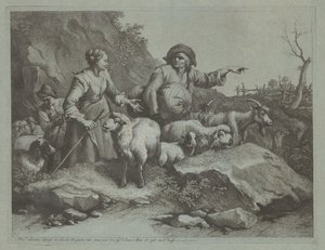 Parasztember zsákkal és két pásztorlánnyal, 1765 után. alkotó: Francesco Londonio