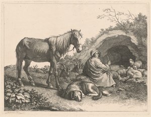 Ülő pásztor lóval, kutyával, kecskékkel és juhokkal, 1776 után.