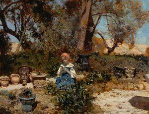 Egy lány a kertben, Francesco Paolo Michetti (1851-1929), olaj, panel, 27x36 cm