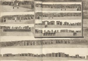 Keresztmetszetek, amelyek az 1804-es Pom... tervrajzon látható épületek különböző aspektusait mutatják be. alkotó: Francesco Piranesi