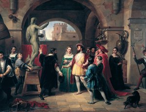 I. Ferenc francia király (1494-1547) meglátogatja Buenvenuto Cellini (1500-1571) római műtermét. A festő a királynak ajándékozza a Névtelen Szent János evangélista festmény szobrát. Roma, Galleria Nazionale d