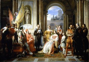Torquato Tasso (Le Muche) a jeruzsálemi kéziratát (A felszabadított Jeruzsálem) olvassa a ferrarai udvarban. Francesco Podesti (1800-1895) festménye
