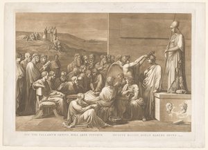 Allegorische verheerlijking van de boekdrukker Giovanni Battista Bodoni Ez a palládium zseni, a típusok csodálatos művészete / a híres Bodoni megadja a megtiszteltetést (cím a tárgyon)