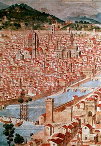 Pianta della Catena Firenze városának „Catena”-nak nevezett térképének részlete, a térkép lánc alakú kerete miatt. Francesco di Lorenzo Rosselli (1448-1513) valósította meg 1490-ben. Firenze, Firenze Múzeum a korszakban