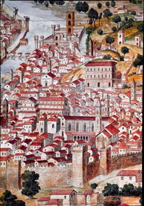 Pianta della Catena Firenze városának „Catena”-nak nevezett térképének részlete, a térkép lánc alakú kerete miatt. Francesco di Lorenzo Rosselli (1448-1513) valósította meg 1490-ben. Firenze, Firenze Múzeum a korszakban