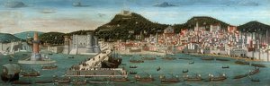 Tavola Strozzi. Nápoly látképe, az aragóniai flotta 1465. július 12-én lépett be a kikötőbe