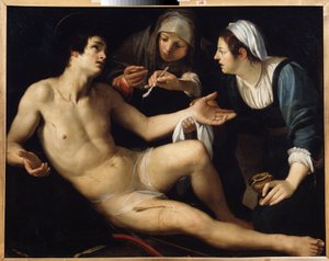 Szent Sebestyén (Szent Sebastian). Sebeiből egy fiatal özvegy, Szent Irén ápolja. Francesco Rustici festménye (1575-1626 körül). Olaj, vászon, 119 x 148 cm. Sienai művészet, olasz manierizmus. Állami Művészeti Múzeum, Jekatyerinburg.