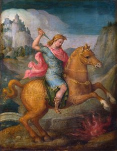 ""Marcus Curtius"" A vitéz Marcus Curtius, római polgár feláldozza magát a római isteneknek azzal, hogy szakadékba veti magát egy fórumon Kr.e. 362-ben - Francesco Ubertini vagy Francesco d