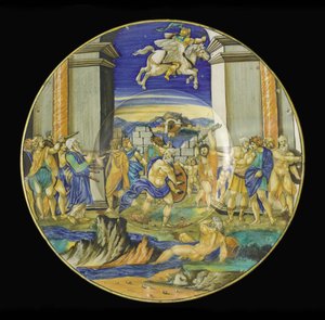 Tányér jelenetekkel Ariosto Orlando Furiosójából, 1531 (maiolica)