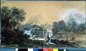 Táj vízeséssel. Francesco Zuccarelli (1702-1788) rajza. Akvarell és tinta papírra