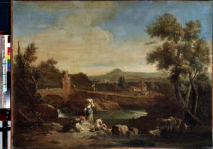 Táj egy folyóval. Francesco Zuccarelli (1702-1788) festménye. Olaj, vászon, 81,5 x 119 cm. 18. századi velencei művészet. Ermitázs Múzeum, Szentpétervár.