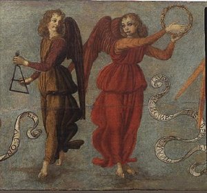 Tamburát és háromszöget játszó angyalok, 1475-97 körül (tempera a panelen) (a 64871 részlete, lásd még: 64872 és 64874) alkotó: Francesco attr. to Botticini