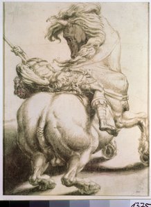 Lándzsával átszúrt lovas. Francesco de Rossi (1510-1563) rajza. Grisaille papíron, 20 x 15 cm