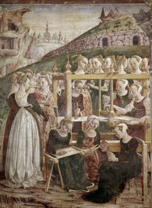 A menet allegóriája, Minerva diadalának részlete női szövéssel) részlet - Francesco del Cossa freskója (kb. 1436-vers 1478) Ferrara (Ferrara) Palazzo Schifanoia, Salone dei Mesi alkotó: Francesco del Cossa